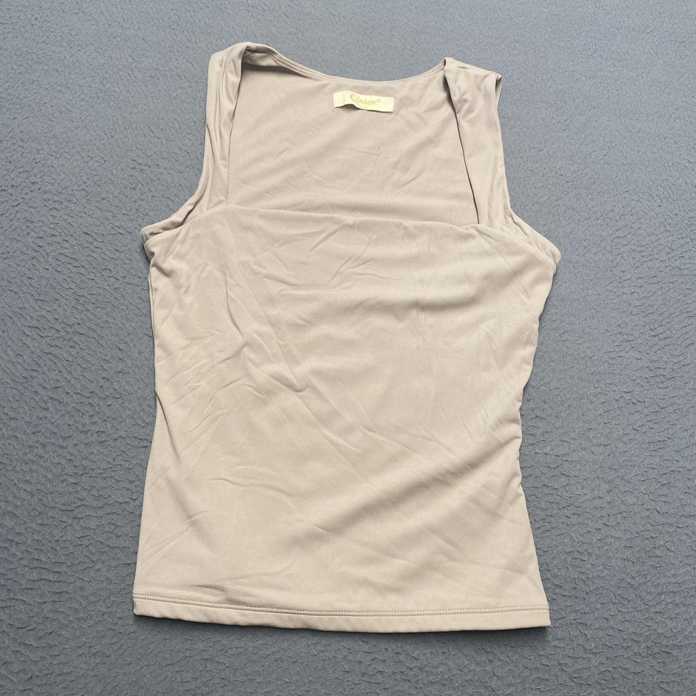 Qinsen Tank Top Womens Medium Beige Scoop Neck Stretch Basic Jersey Slim Fit